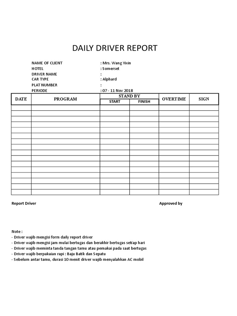 Daily Driver Report: Date Program Stand by Overtime Sign Start Finish | PDF
