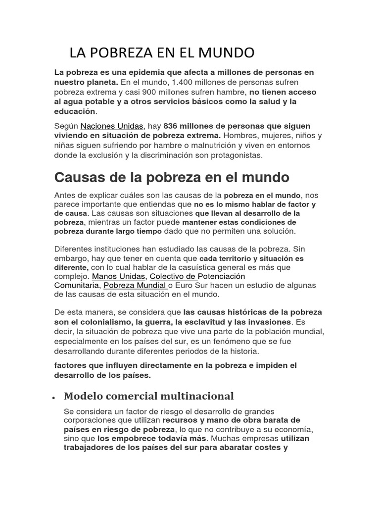 Causas y soluciones a la pobreza global | PDF | Pobreza | Pobreza e ...