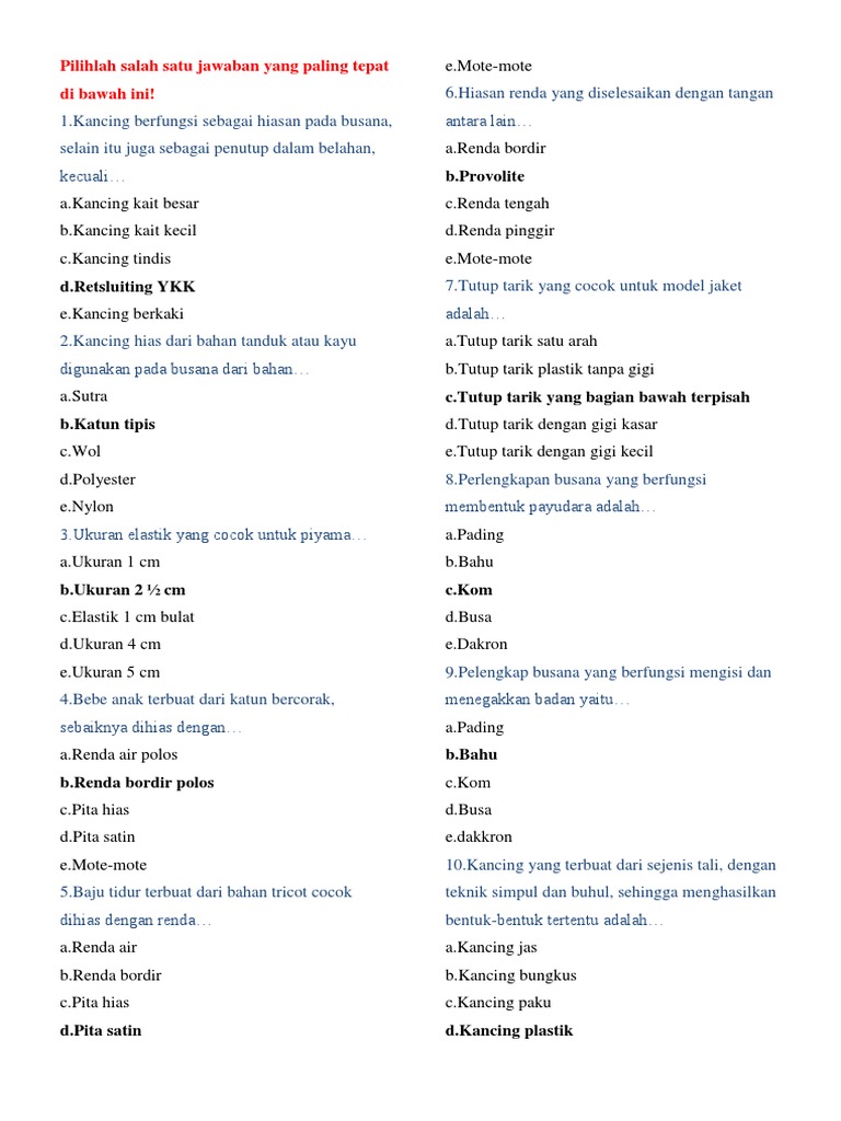 Kumpulan Contoh Soal Blk Menjahit