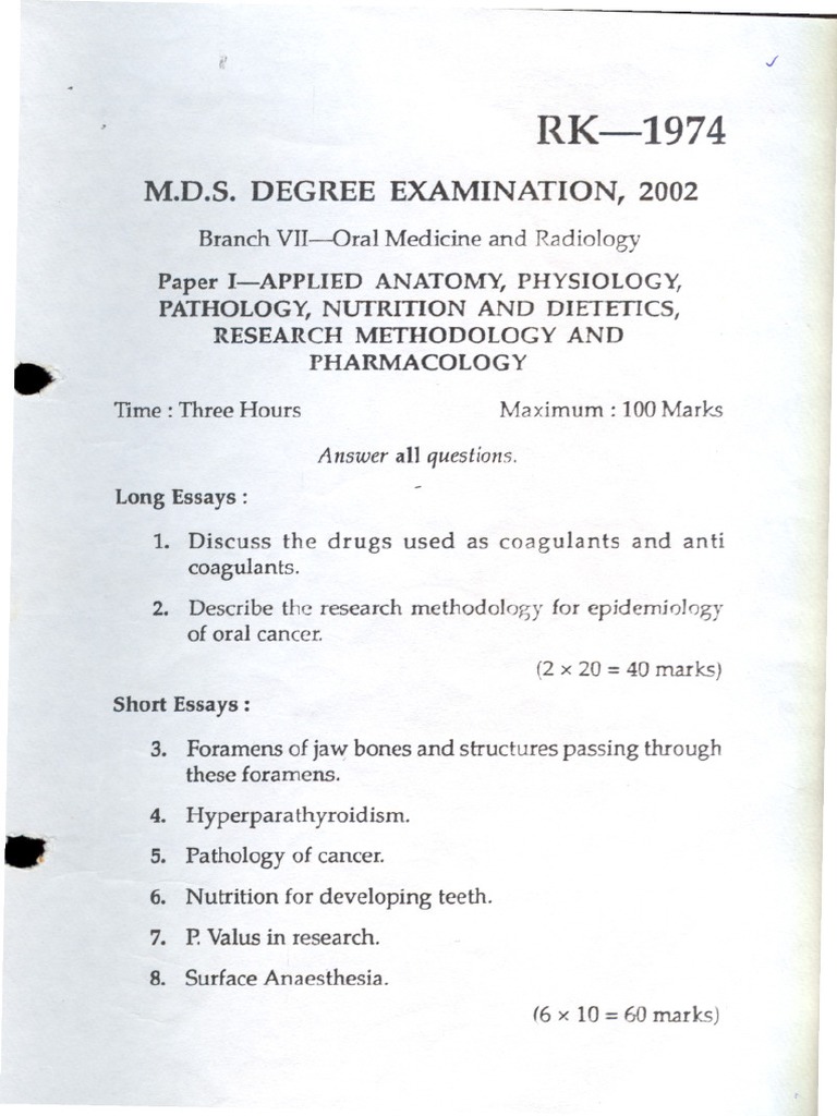 MDS Oral Medicine Question Papers 2002 PDF Radiology Pathology