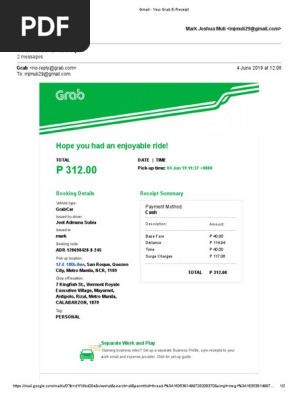 Gmail Your Grab E Receipt Pdf Metro Manila Business