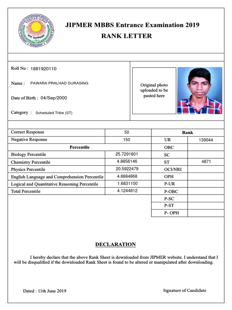 JIPMER MBBS Entrance Examination 2019 Rank Letter Pawara Pralhad