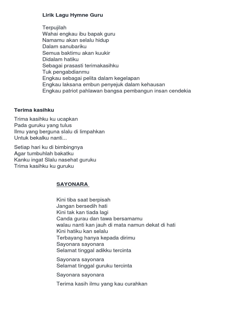 Lirik Lagu Hymne Guru