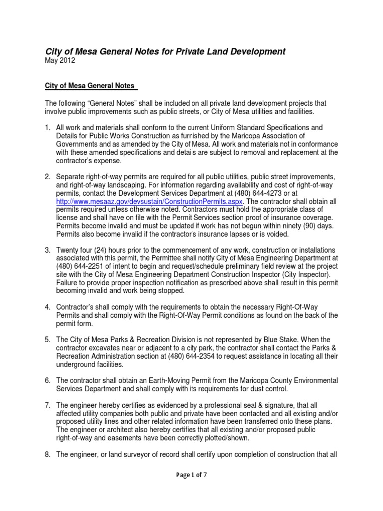 City of Mesa General Notes For Private Land Development PDF Road Surface Traffic Light