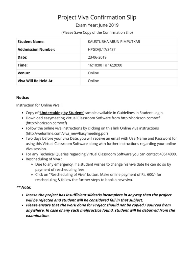 Project Viva Con Rmation Slip: Exam Year: June 2019 | PDF | Career & Growth