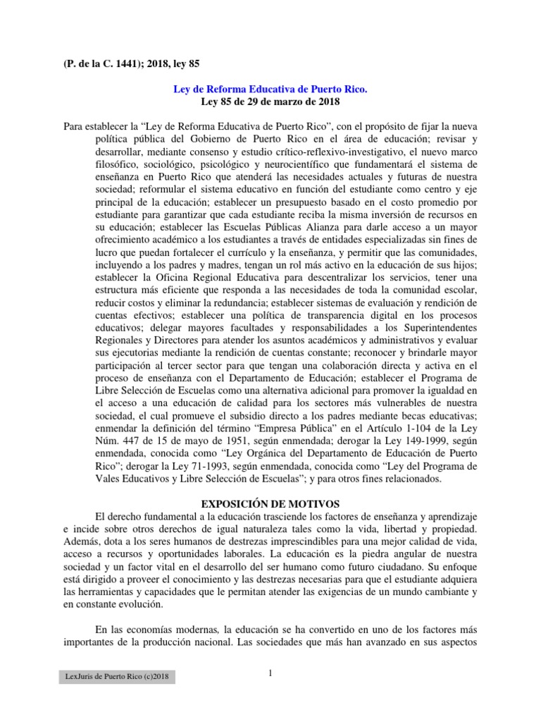 Reforma Educativa de Puerto Rico - Ley 85 de 2018 | PDF | Puerto Rico |  Aprendizaje