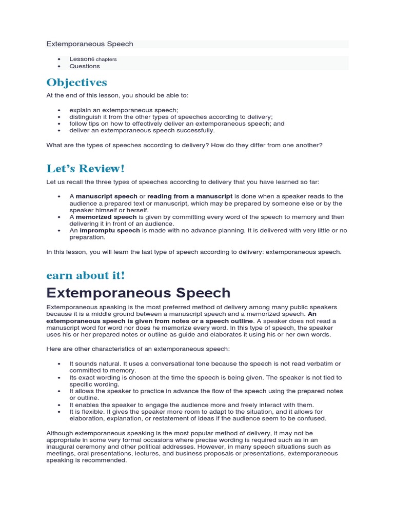 Extemporaneous Speech Pdf Public Speaking Question