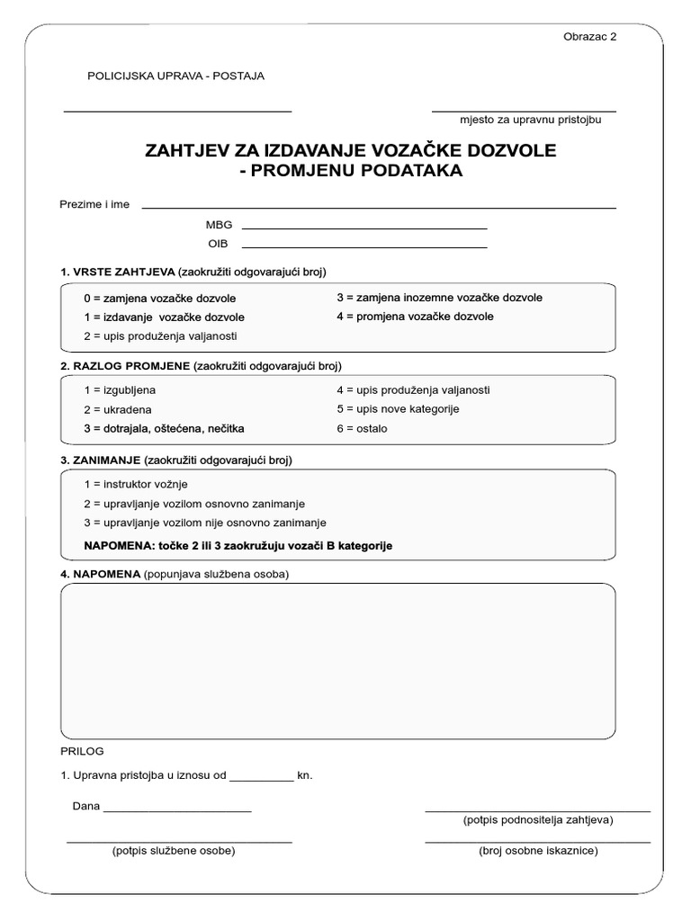 Obrazac Vozacka Dozvola PDF PDF