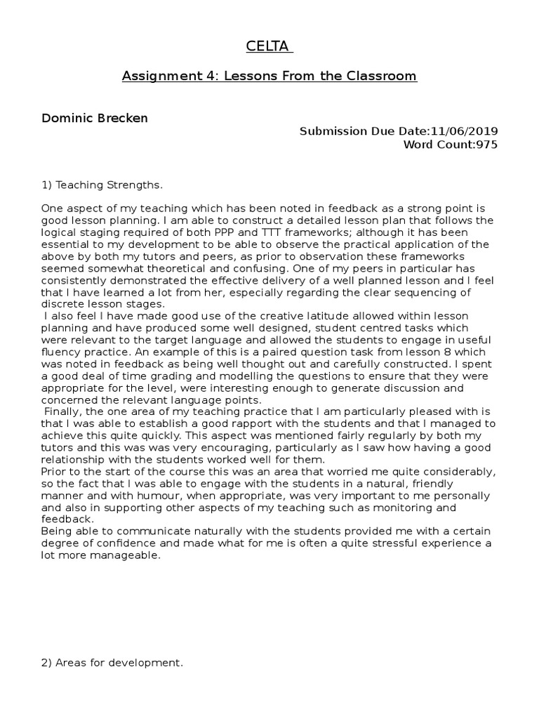 CELTA Assignmemnt 4: Lessons From The Classroom | PDF | Tutor | Lesson Plan