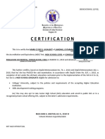 Certification: Poblacion Occidental, Consolacion, Cebu On March 11, 2018 and Obtained 75 %