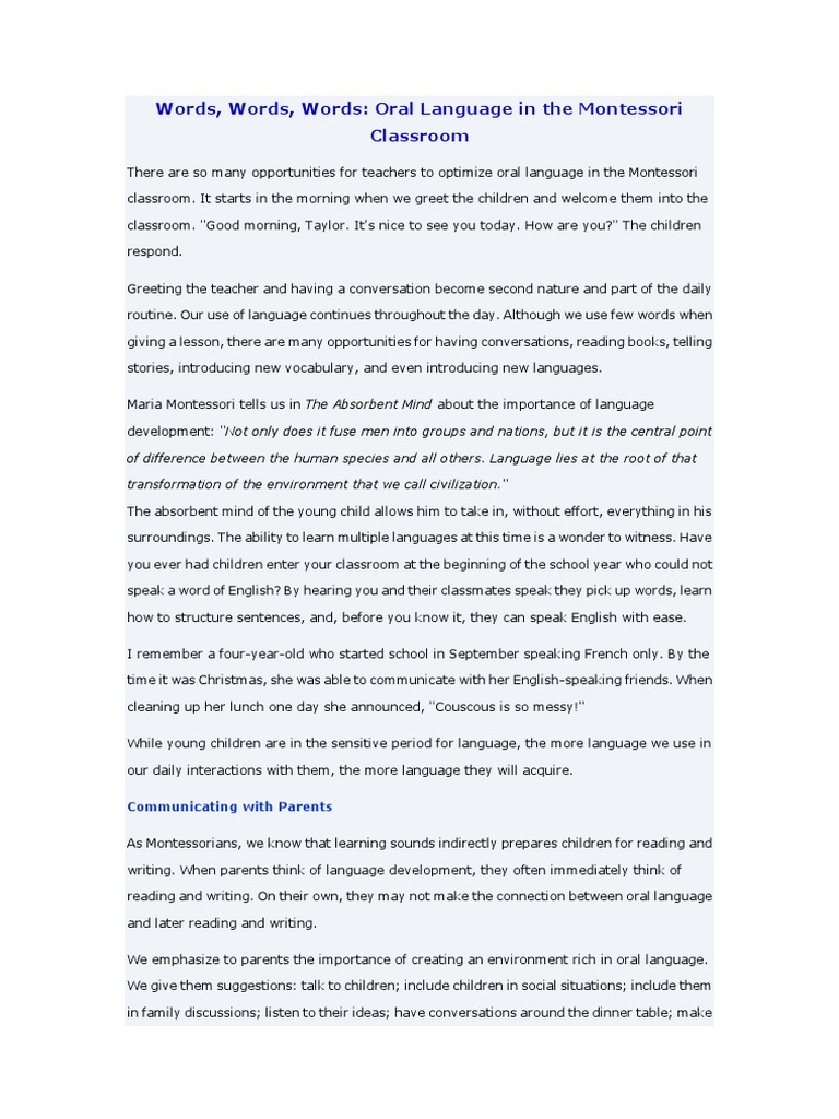 Enhancing Oral Language in Montessori | PDF | Montessori Education ...