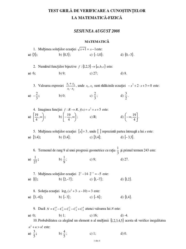 2008 Subiecte Matematica Fizica PDF | PDF