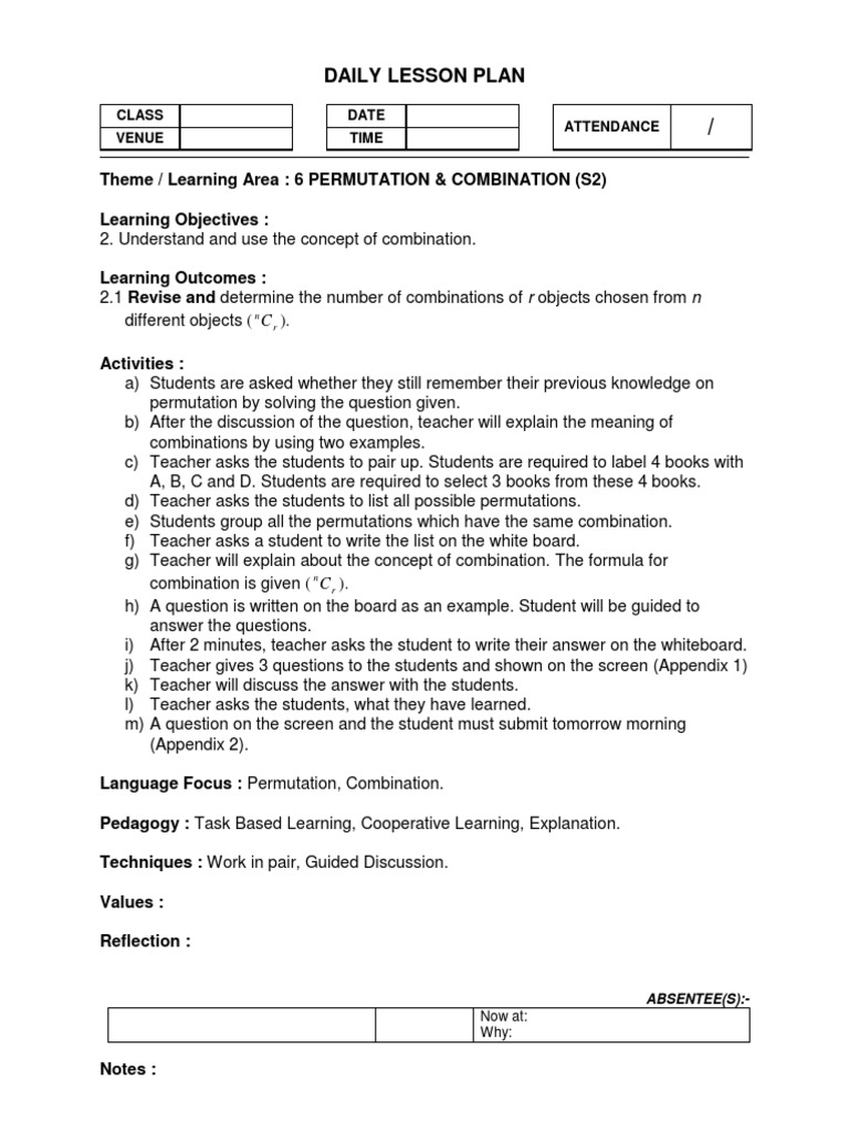 Daily Lesson Plan: Combinations & Distributions | PDF | Euclidean ...