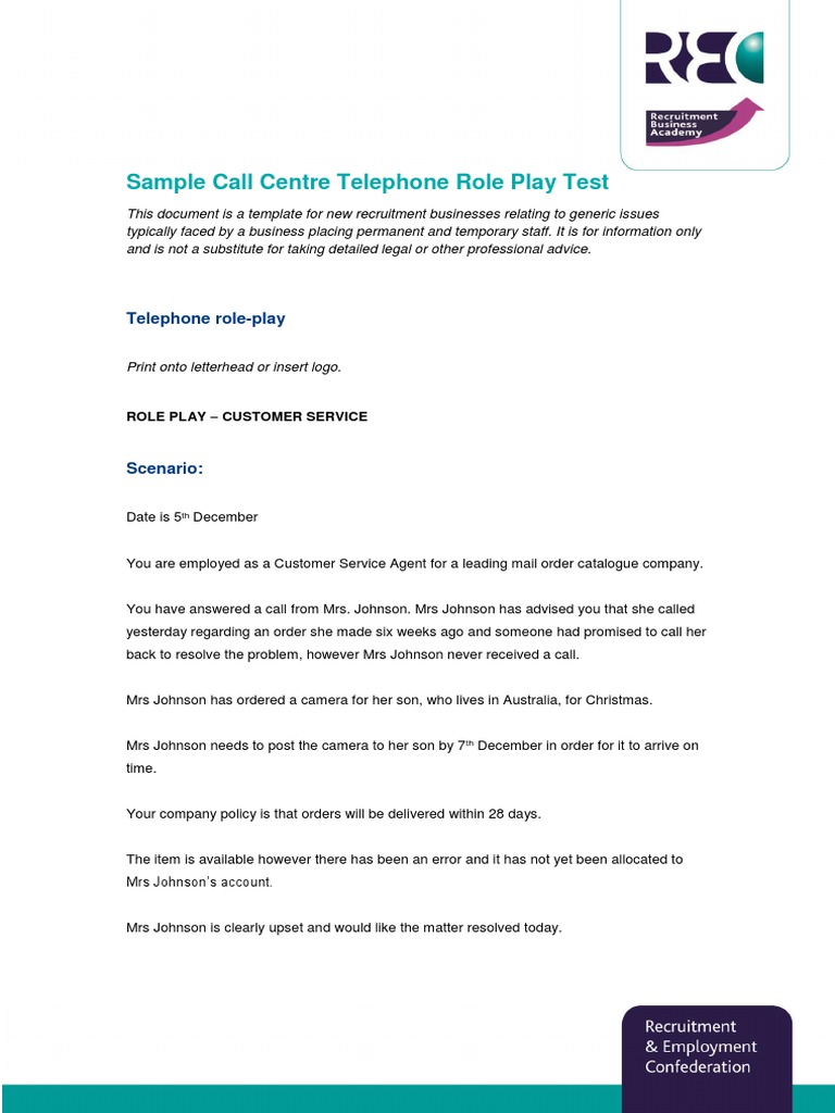 Sample Call Centre Telephone Role Play Test | PDF | Career & Growth