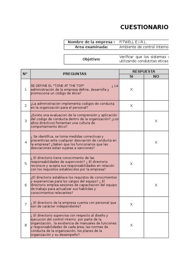 Cuestionario de Control Interno COSO | PDF | Evaluación | Sistema de ...