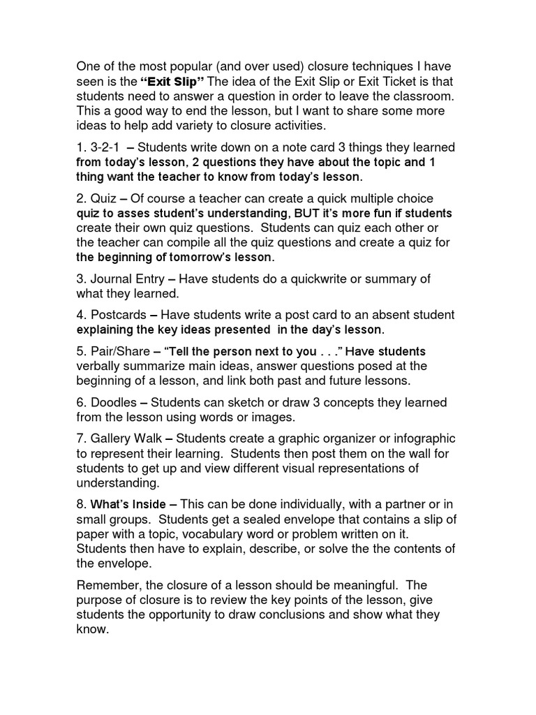 Creative Closure Activities for Lessons | PDF | Art | Self-Improvement