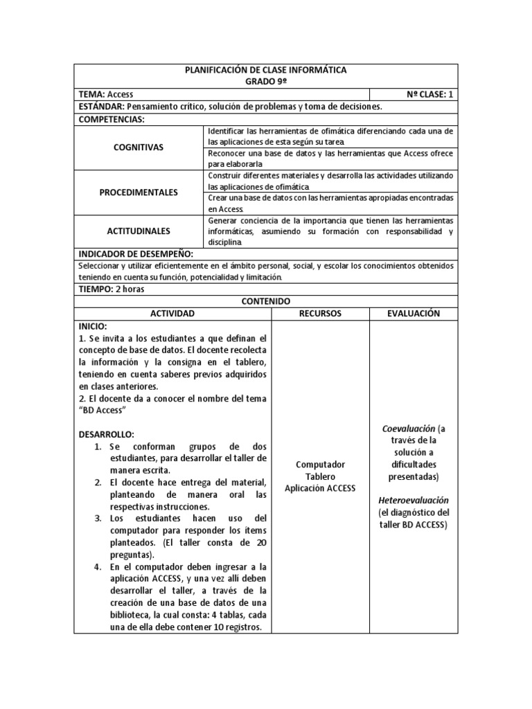 PLANIFICACIÓN DE CLASE INFORMÁTICA.docx | Bases de datos | Planificación