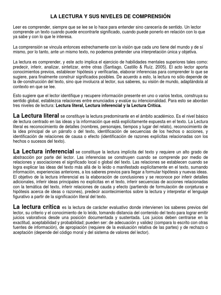 La Lectura y Sus Niveles de Comprensión | PDF | Inferencia | Epistemología