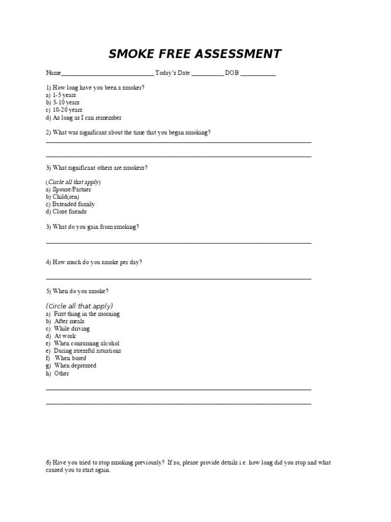 Stop Smoking Assessment PDF Smoking Cessation Smoking