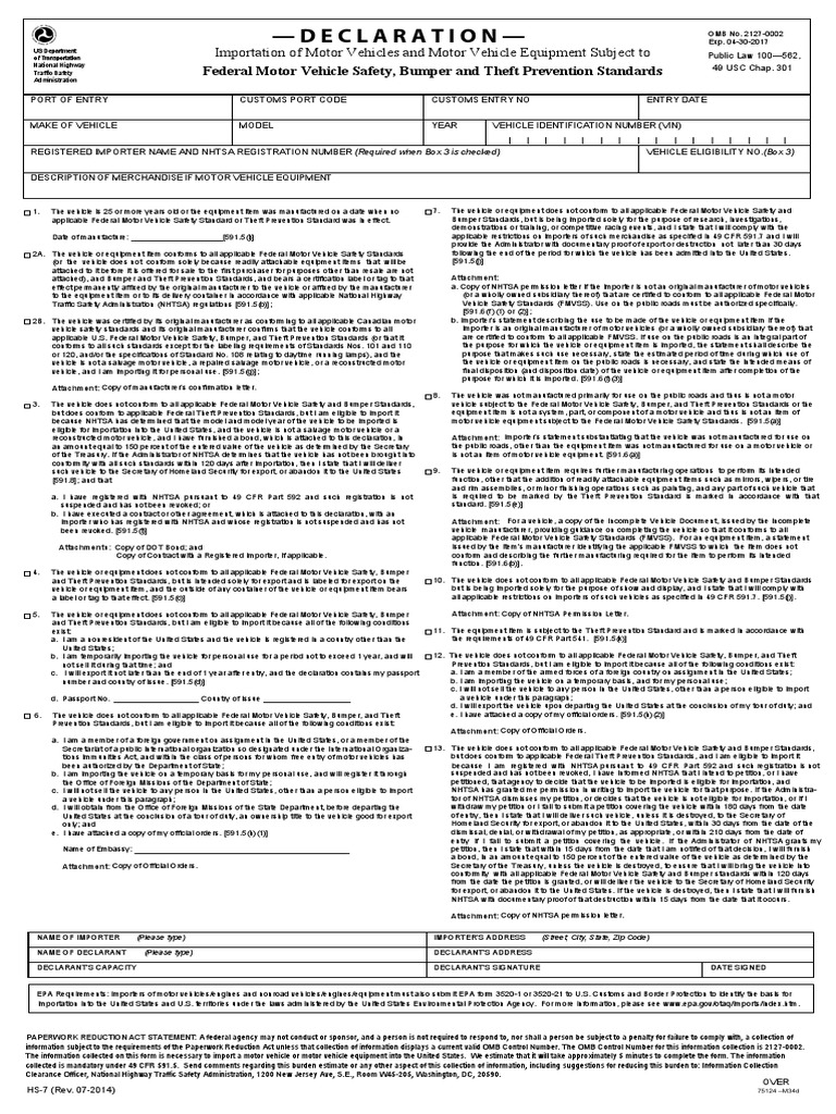 DOT HS-7 Declaration Form Guide | PDF | National Highway Traffic Safety ...