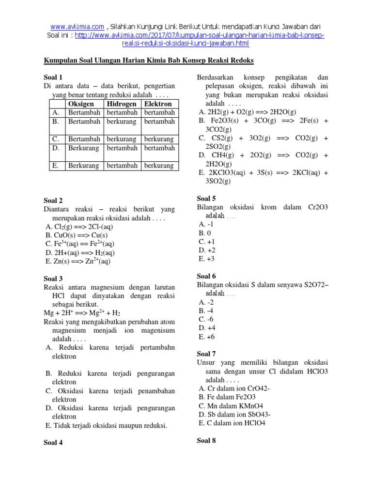 Kumpulan Soal Ulangan Harian Kimia Bab Konsep Reaksi Redoks Word File 1 Docx