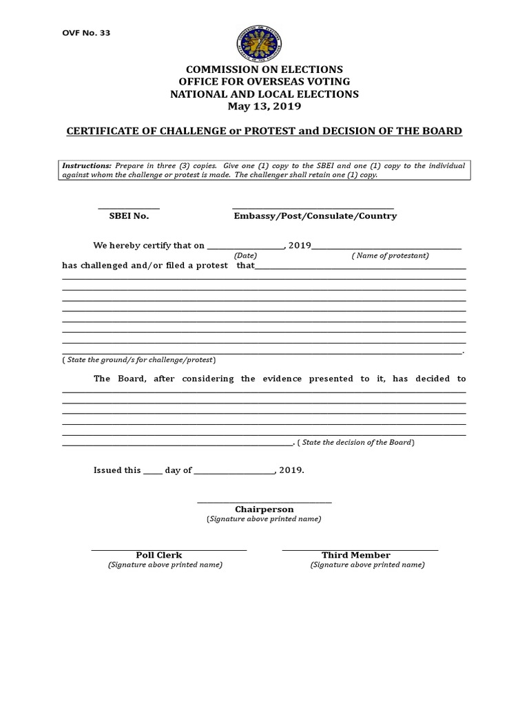 Certificate of Challenge/Protest Form | PDF | Accountability | Democracy