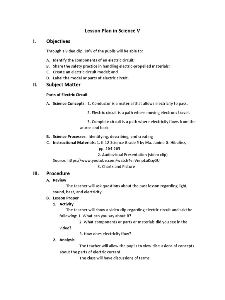 Grade 5 Electric Circuit Lesson Plan | PDF | Electricity | Electric Current