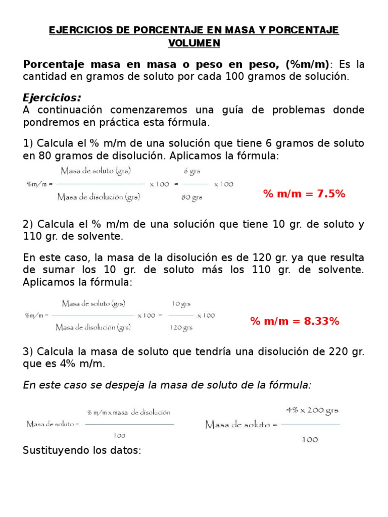 Ejercicios de Porcentaje en Masa y Porcentaje Volumen Concentración Hidrógeno