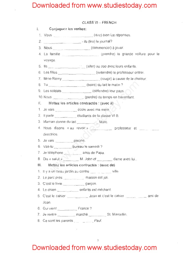 revision worksheet class 6 french pdf