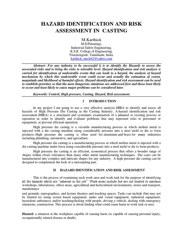 HIRA for High Pressure Die Casting Risks | PDF | Casting (Metalworking ...