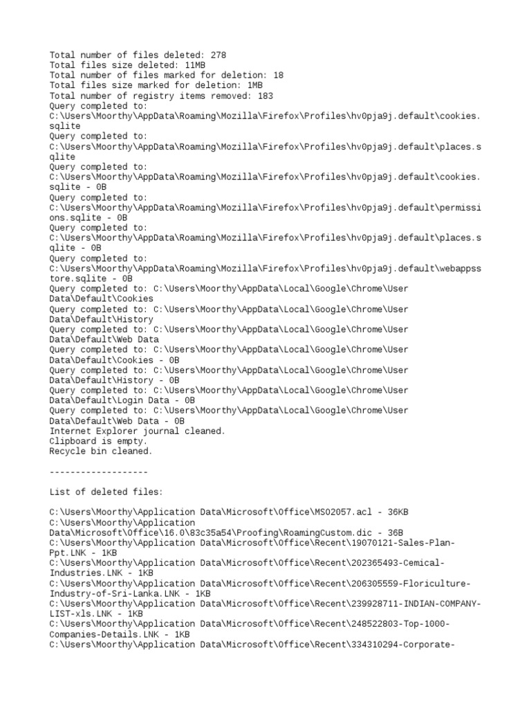 Cleaning Report Browser, Application and System Cache Files Deleted