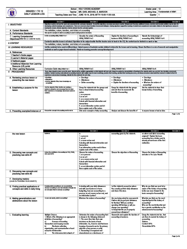 ABM 1 Weekly Lesson Plan | PDF | Accounting | Learning