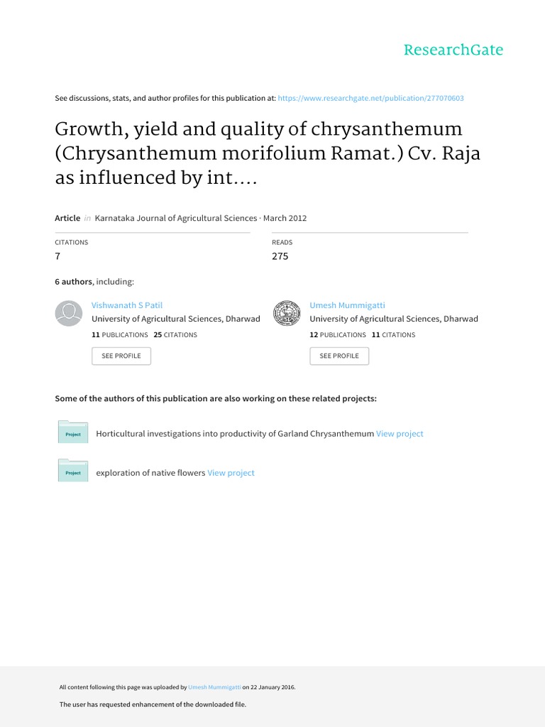 Growth, Yield and Quality of Chrysanthemum (Chrysanthemum Morifolium