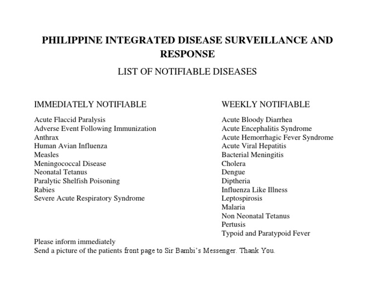 Nationally Notifiable Infectious Diseases List