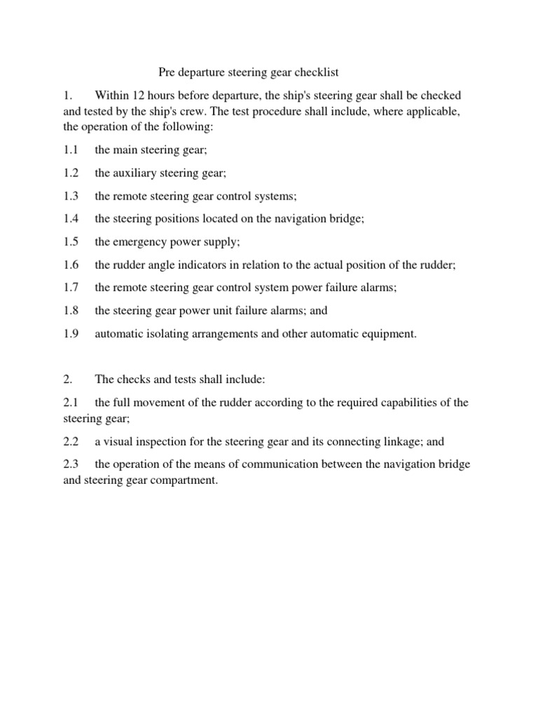 Pre Departure Steering Gear Checklist PDF Steering Rudder