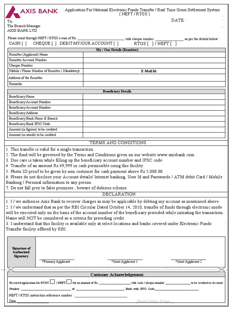 Rtgs Form Axis Bank Pdf Cheque Debit Card