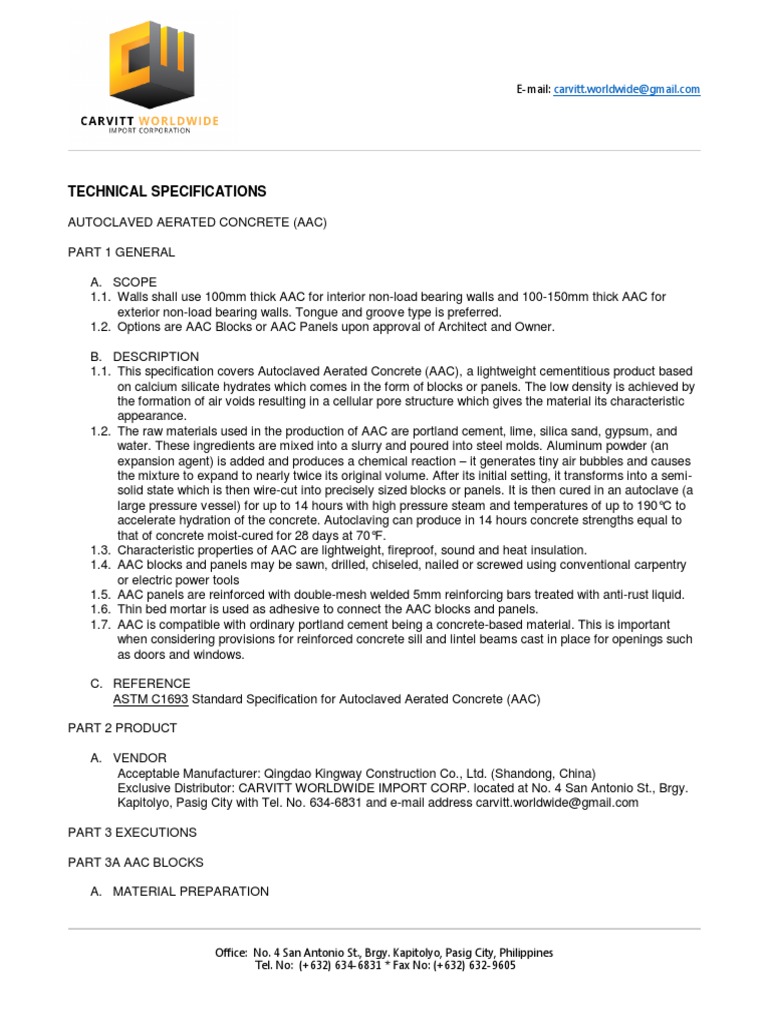 AAC Block Technical Specifications | PDF | Concrete | Horticulture And ...