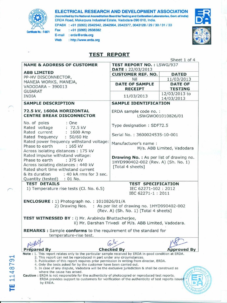 Temp. Rise Test SDF72.5 (1600A) | PDF | Electrical Engineering ...