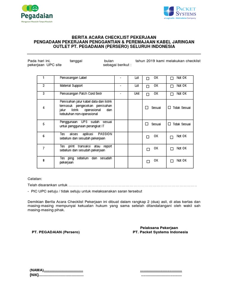 Berita Acara Checklist Pekerjaan Kabel | PDF