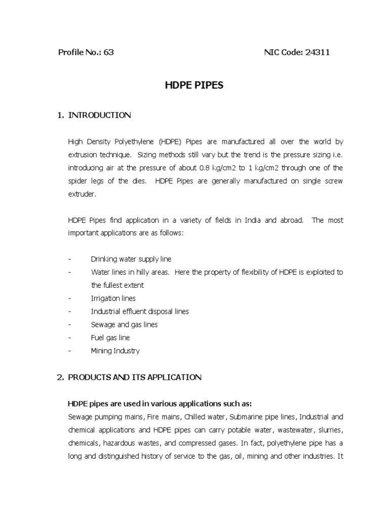 Hdpe Pipes Profile No. 63 NIC Code 24311 PDF Pipe (Fluid