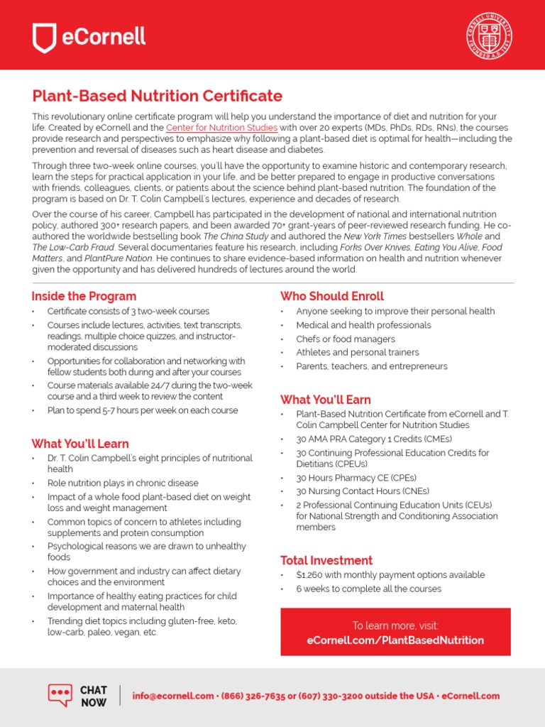 eCornell Plant-Based Nutrition Certificate | PDF | Diet (Nutrition) | Diet  & Nutrition