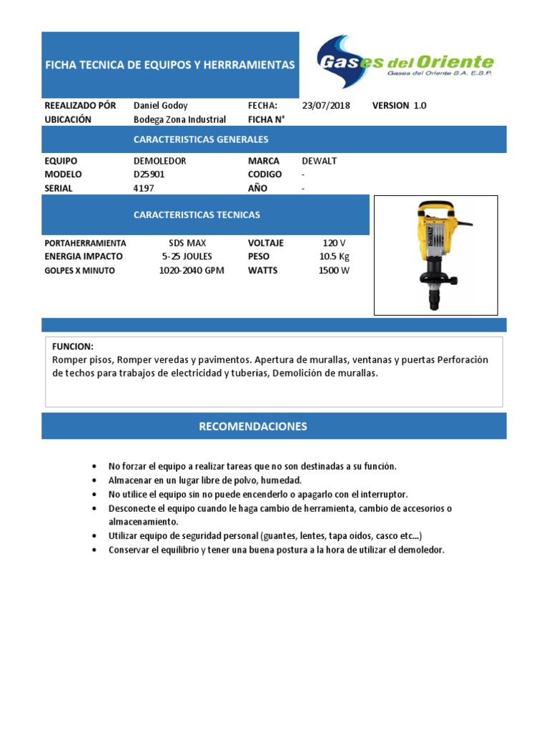 Technical Specifications and for a Demolition Hammer PDF