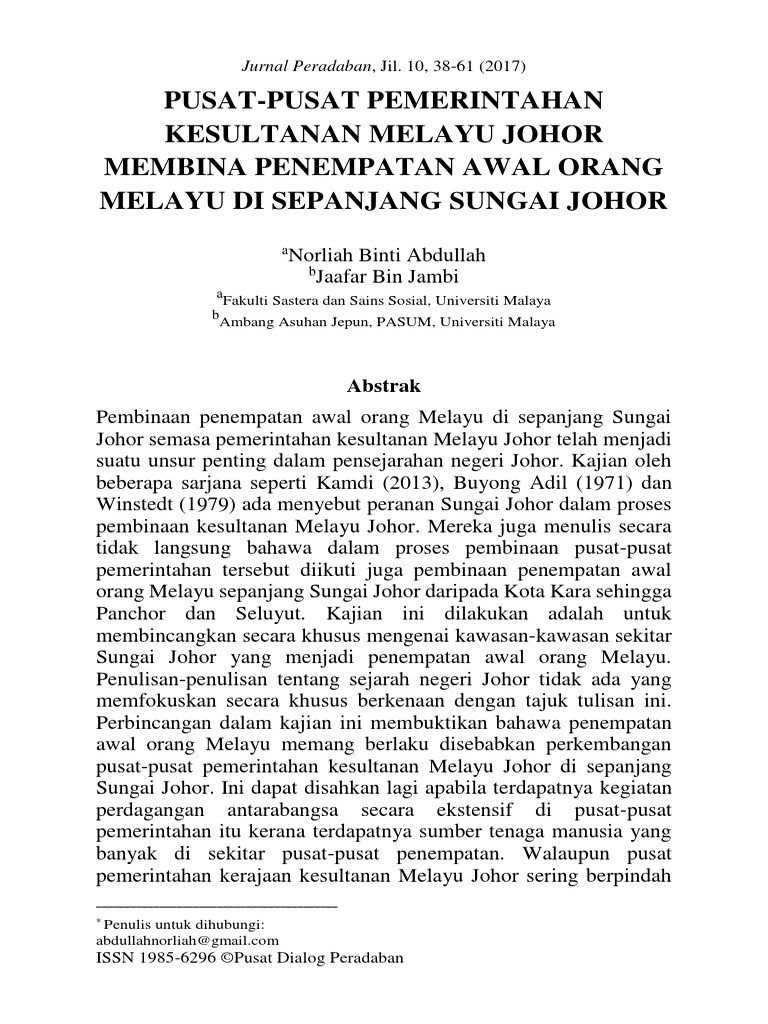 Pusat Pusat Pemerintahan Kesultanan Melayu Johor Membina Penempatan Awal Orang Melayu Di Sepanjang Sungai Johor Pdf