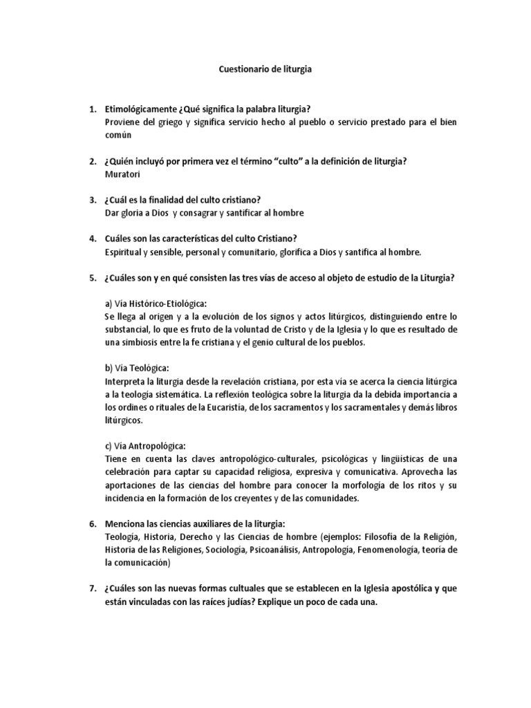 Cuestionario sobre Liturgia Cristiana | PDF | eucaristía | Cristo (título)