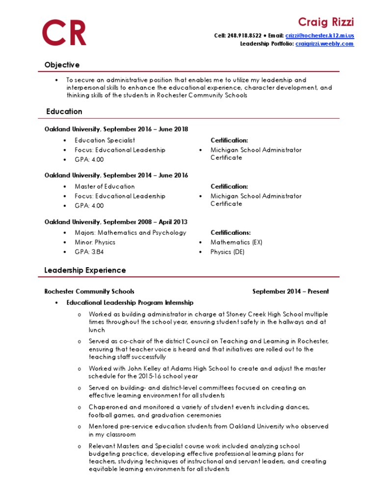 Craig Rizzi's Educational Leadership Resume | PDF | Teachers | Behavior ...
