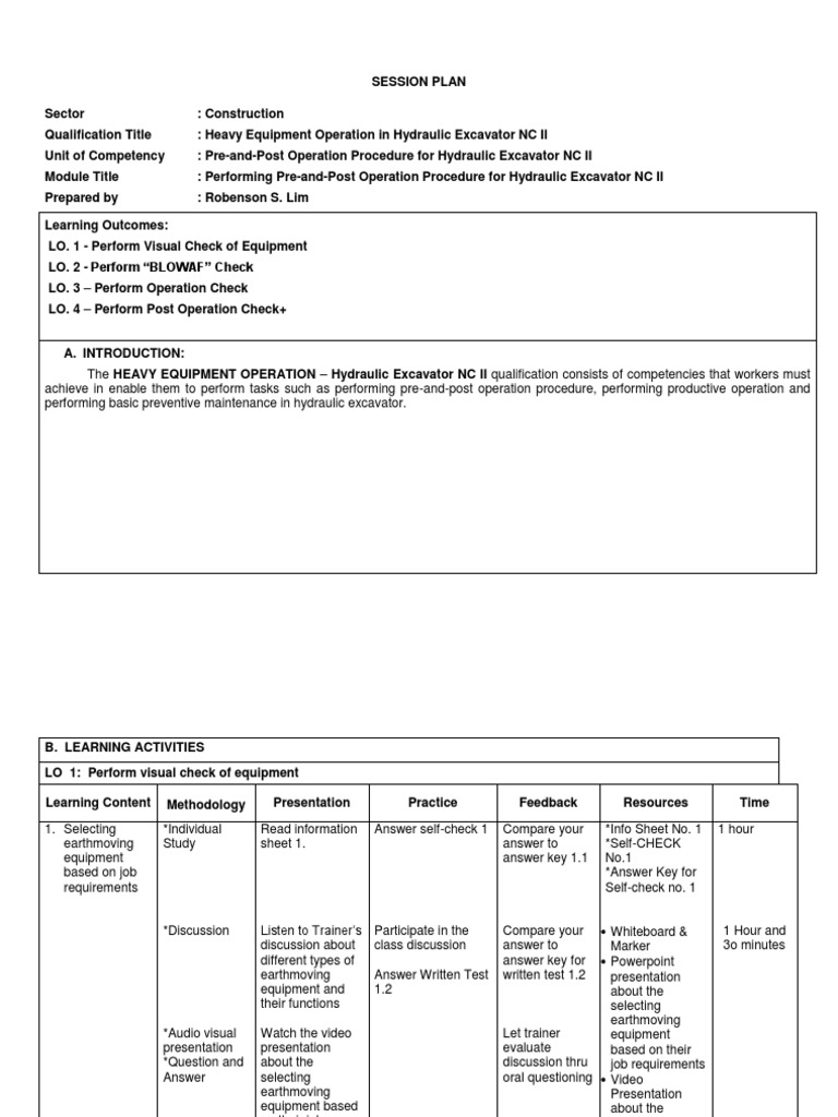 Preparing Heavy Equipment Operators: A Session Plan for Performing Pre ...