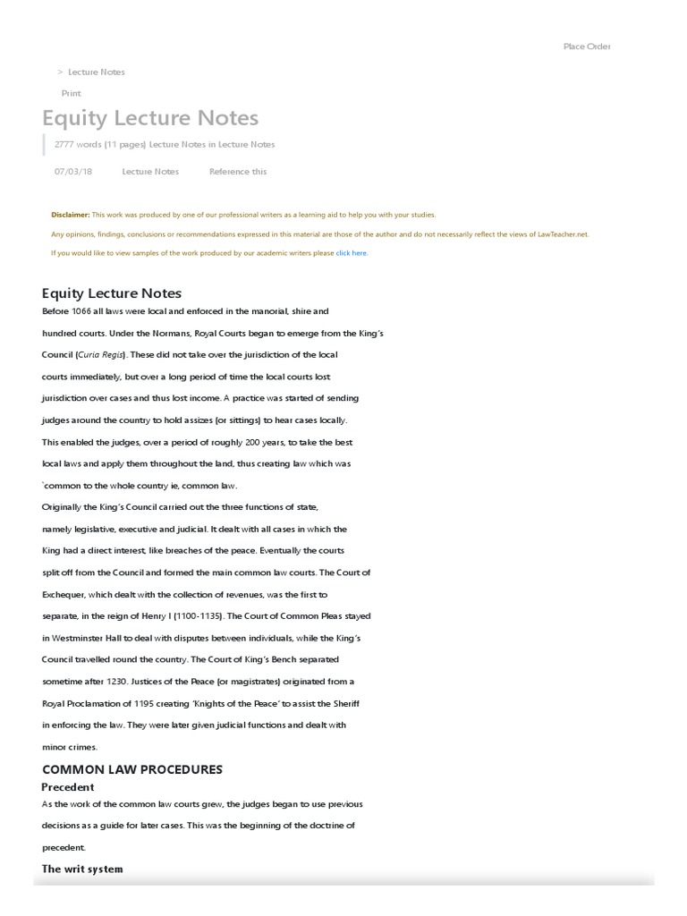 Equity Lecture Notes | PDF | Equity (Law) | Writ