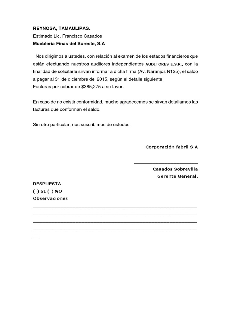 Cartas de Confirmacion de Proveedores Negocios