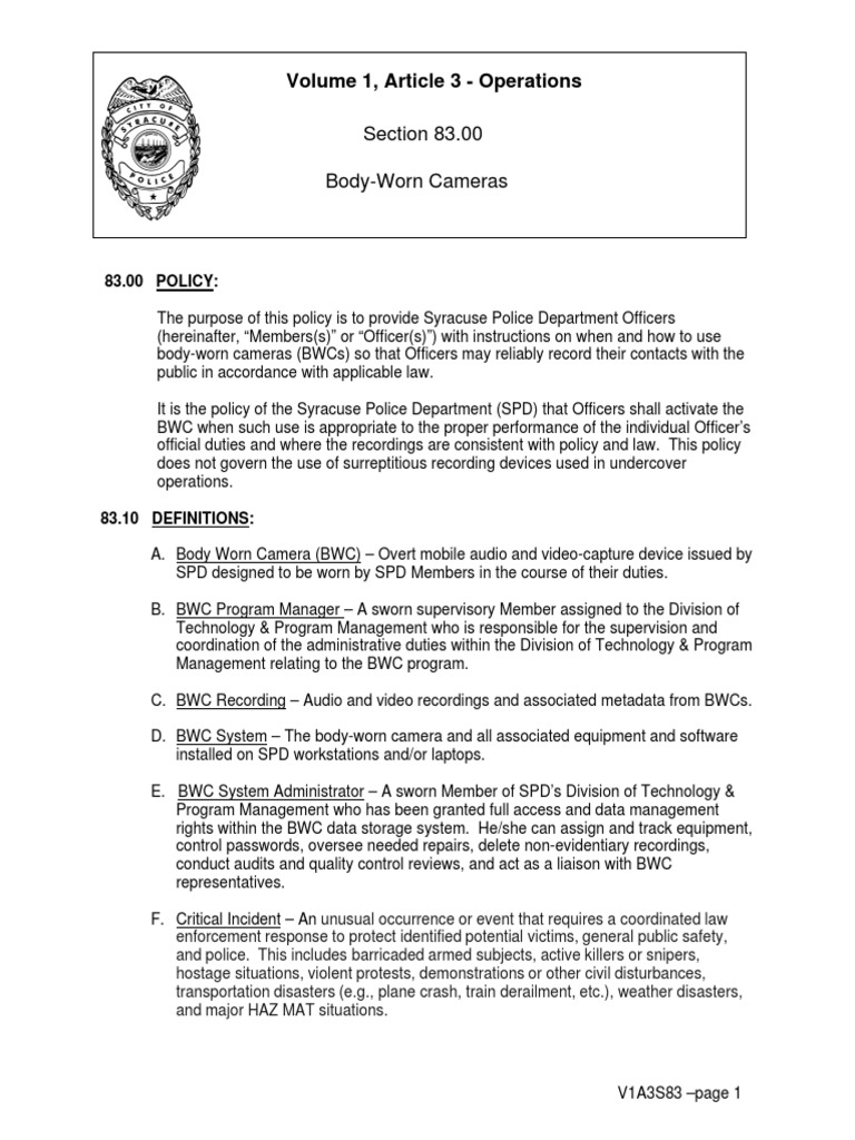 Syracuse Police Body Worn Camera Policy PDF Prosecutor Police Officer