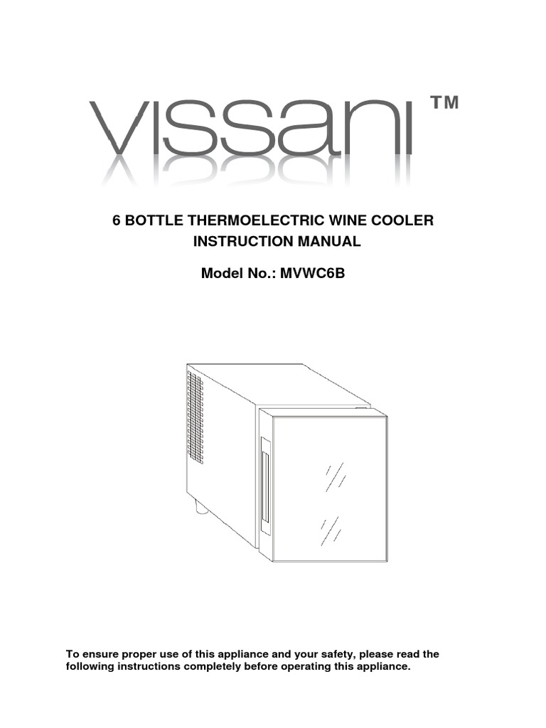 6 Bottle Thermoelectric Wine Cooler Instruction Manual Model No